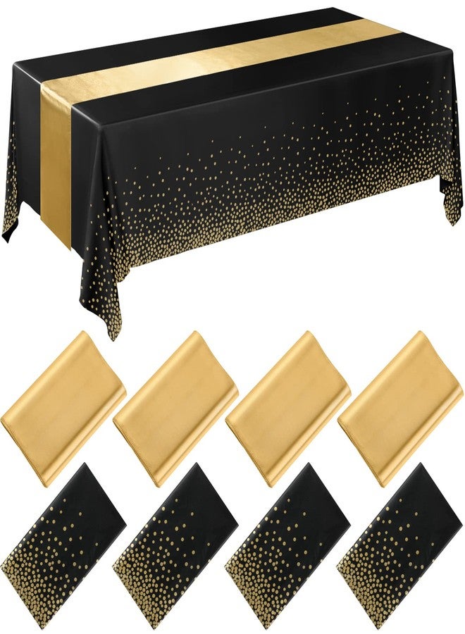 Breling 8 Pack New Year Black and Gold Disposable Plastic Tablecloths and Satin Table Runner Set, 54 x 108 Inch Tablecloth, 12 x 108 Inch Table Runners for Wedding Graduation Birthday Baby Shower - Image 1