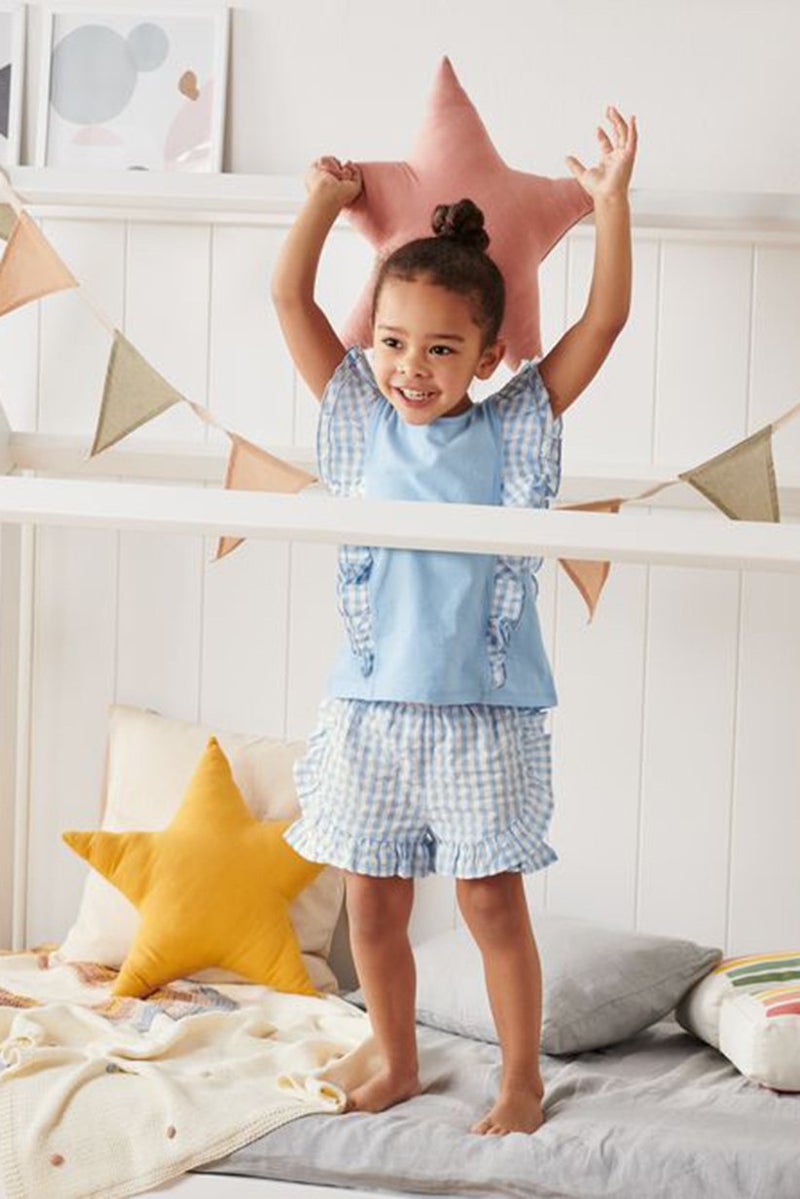 Tchibo Kids Girl Gingham Woven Shorts, Light Blue and White - Image 1