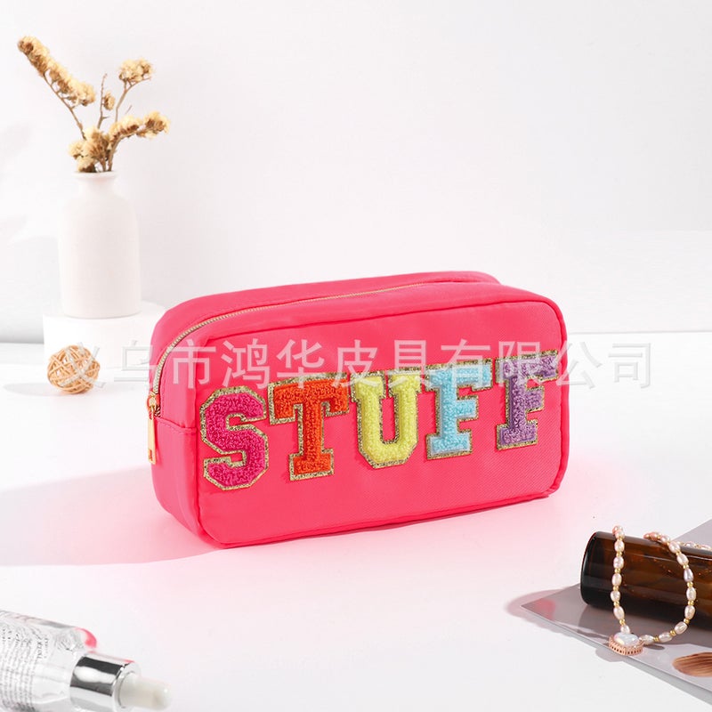 Fashion Solid Color Towel Embroidered Nylon Makeup Bag for Women dark red (STUFF)