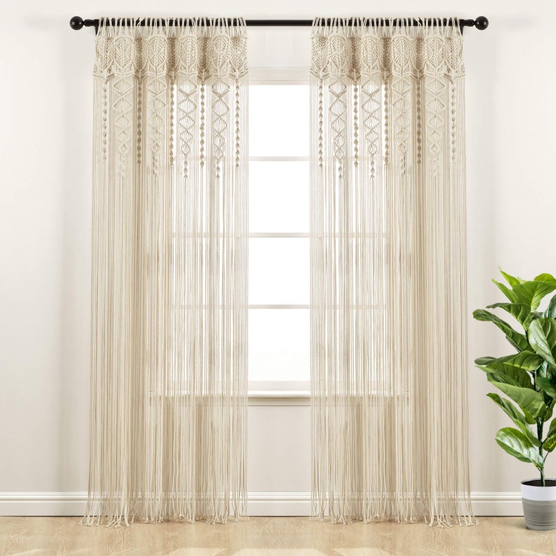 Lush Decor Lush Decor Boho Macrame Textured Cotton Window Curtain Panel Single Panel 40 W x 84 L Neutral  Doorway Curtain  Room Divider Wedding Or Wall Decor  Boho Curtain  Macrame Curtains For Windows 