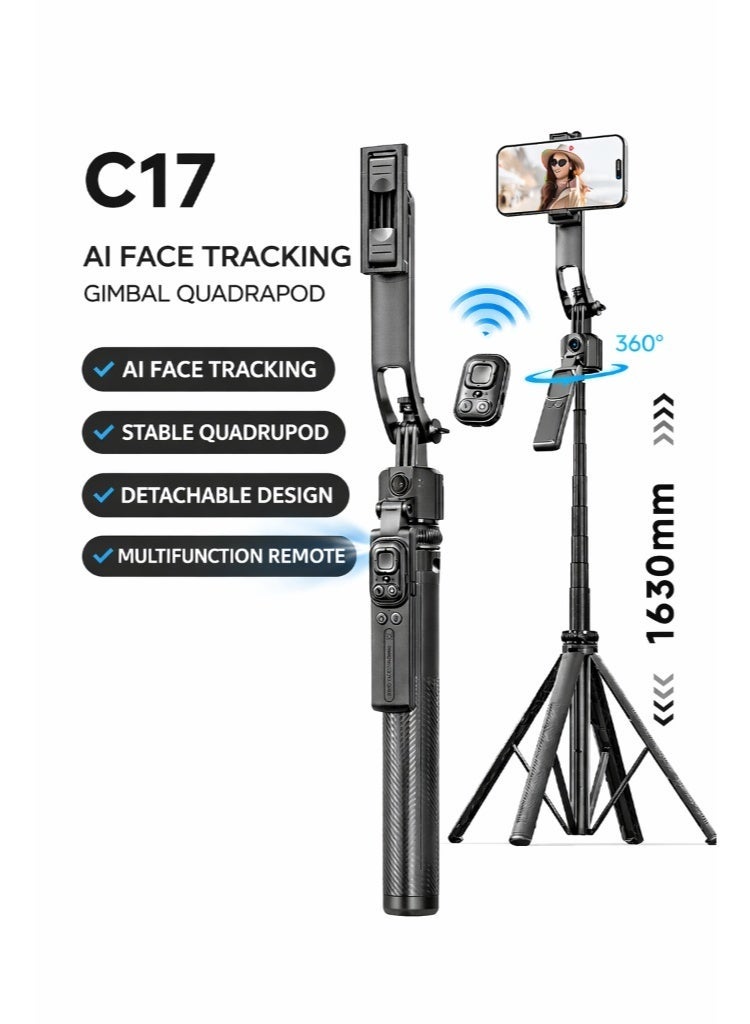Neyecam AI Tracking Gimbal Quadrapod with Auto Follow, Gesture Control, Anti Shake Handle, Detachable Design Extending to 64.4 inches 1635mm, Heavy Duty Aluminum Stand, Selfie Stick and Multi Function Bluetooth Remote with 1/4" Mount for Phone and Camera for Vlogging Live Streaming and Travel - Image 1