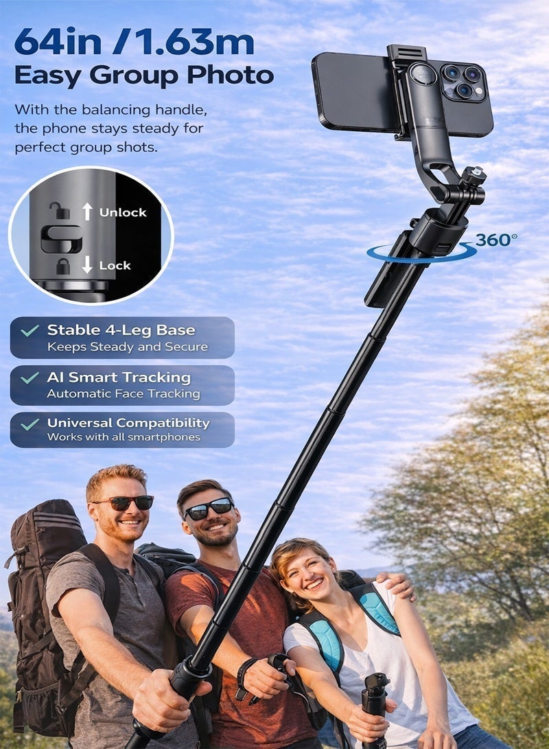 Neyecam AI Tracking Gimbal Quadrapod with Auto Follow, Gesture Control, Anti Shake Handle, Detachable Design Extending to 64.4 inches 1635mm, Heavy Duty Aluminum Stand, Selfie Stick and Multi Function Bluetooth Remote with 1/4" Mount for Phone and Camera for Vlogging Live Streaming and Travel - Image 3