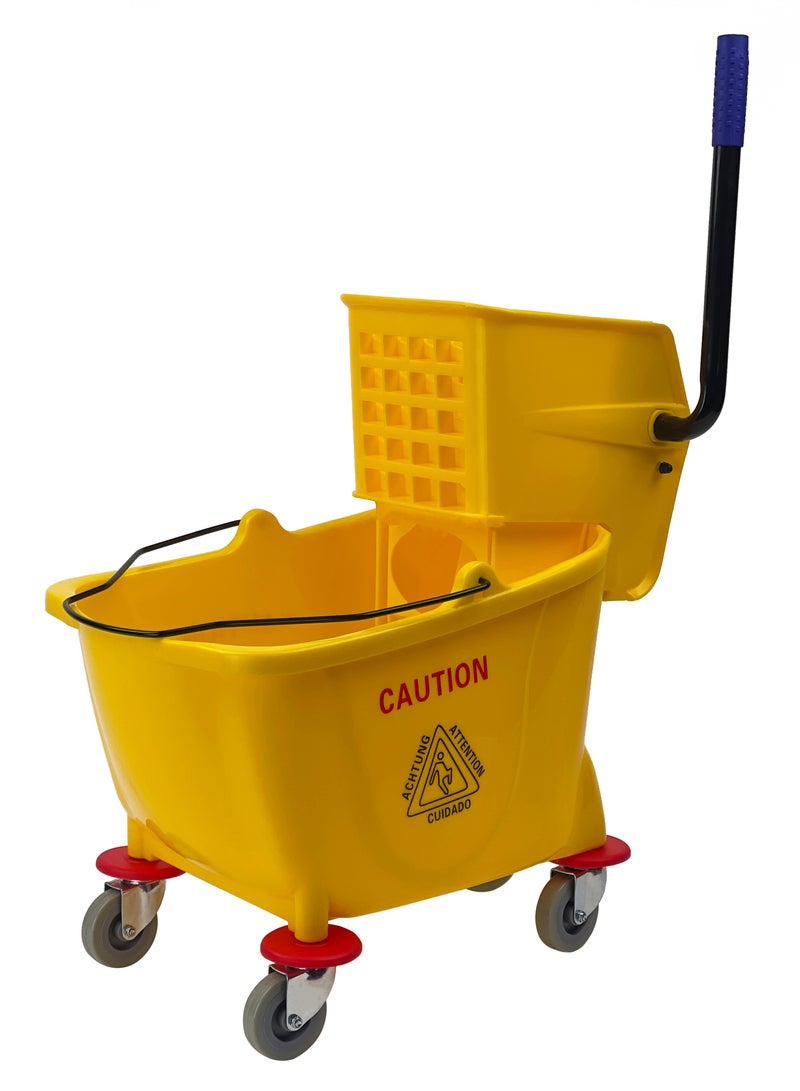 دلو ممسحة موب تنظيف وعصارة جانبية الضغط | عجلات دوارة 360 درجة | حجرة مياه كبيرة | مناسبة للمطاعم والمكاتب والقاعات والمساحات العامة والفنادق والمنازل | 32 لتر | أصفر - Image 1