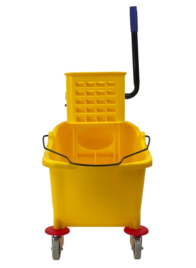 دلو ممسحة موب تنظيف وعصارة جانبية الضغط | عجلات دوارة 360 درجة | حجرة مياه كبيرة | مناسبة للمطاعم والمكاتب والقاعات والمساحات العامة والفنادق والمنازل | 32 لتر | أصفر - Image 2