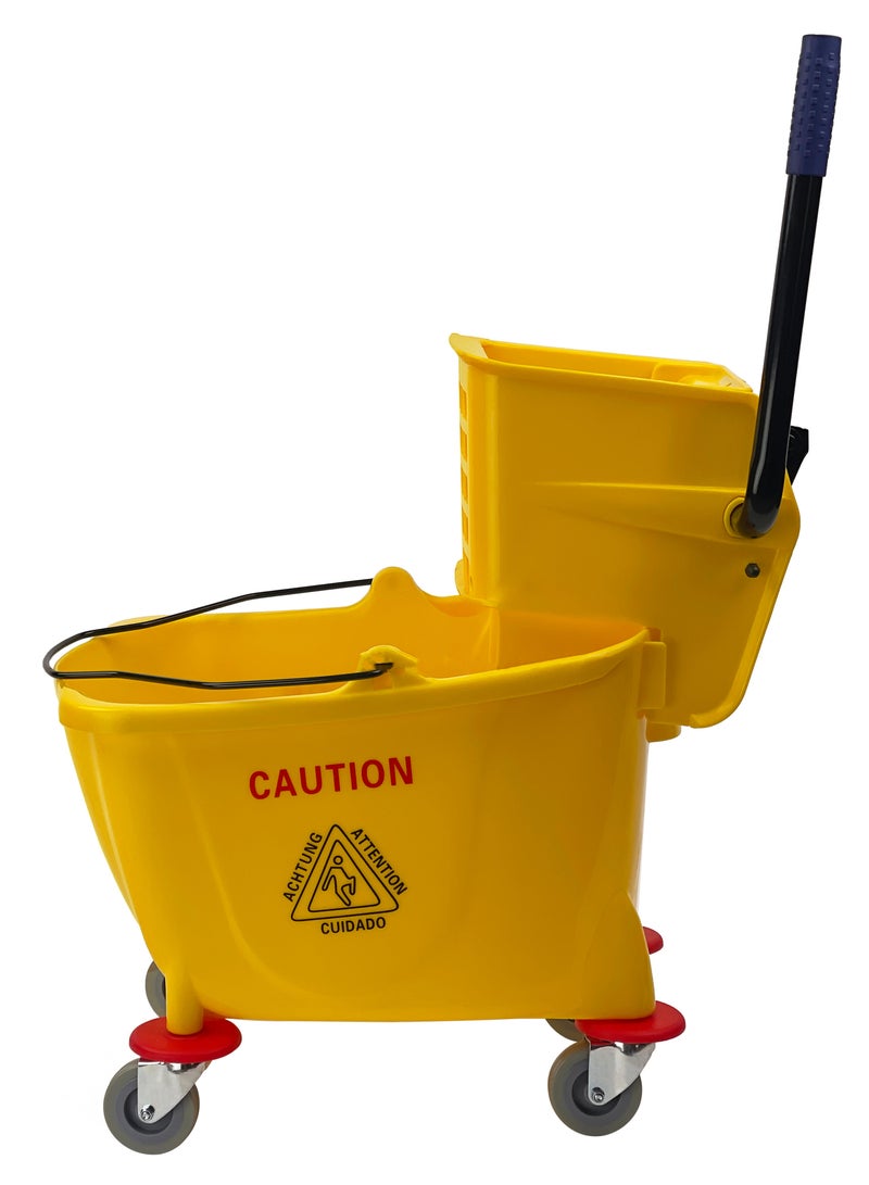 دلو ممسحة موب تنظيف وعصارة جانبية الضغط | عجلات دوارة 360 درجة | حجرة مياه كبيرة | مناسبة للمطاعم والمكاتب والقاعات والمساحات العامة والفنادق والمنازل | 32 لتر | أصفر - Image 3