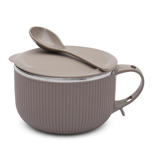 Jaypee Plus Stainless Steel Ribtok Meal Bowl Soup Bowl with Lid & Spoon for Every Day Breakfast Meal, Poha, Cornflaks, Cereal, Suitable for Birthday Gift Girls & Boys, 900ml,Mirror Grey - Image 1