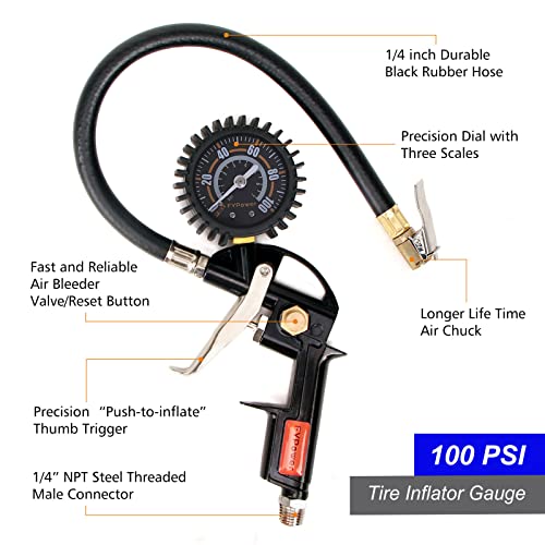 FYPower 16 Pieces Heavy Duty Air Compressor Accessory Kit, 1/4 inch 25ft Recoil Poly Air Compressor Hose Kit, 100PSI Tire Inflator Gauge, Blow Gun and Nozzles, 1/4" NPT Air Coupler and Plug Kit - Image 2