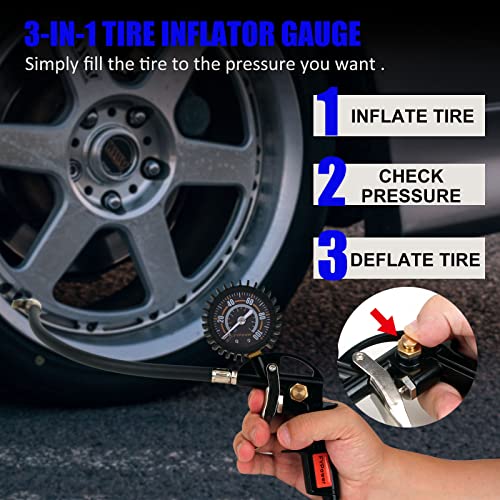 FYPower 16 Pieces Heavy Duty Air Compressor Accessory Kit, 1/4 inch 25ft Recoil Poly Air Compressor Hose Kit, 100PSI Tire Inflator Gauge, Blow Gun and Nozzles, 1/4" NPT Air Coupler and Plug Kit - Image 3