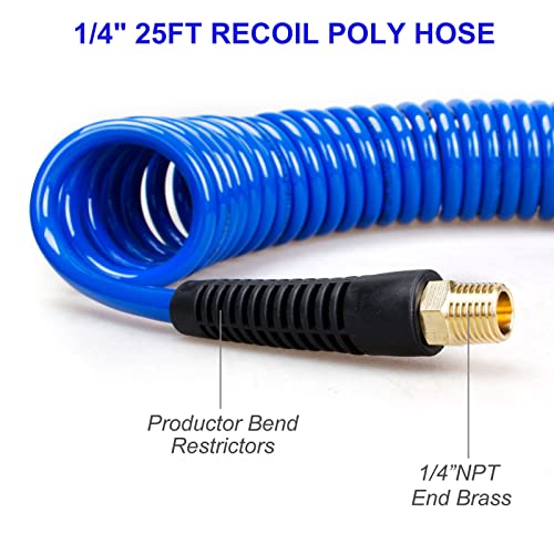 FYPower 16 Pieces Heavy Duty Air Compressor Accessory Kit, 1/4 inch 25ft Recoil Poly Air Compressor Hose Kit, 100PSI Tire Inflator Gauge, Blow Gun and Nozzles, 1/4" NPT Air Coupler and Plug Kit - Image 4