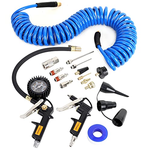FYPower 16 Pieces Heavy Duty Air Compressor Accessory Kit, 1/4 inch 25ft Recoil Poly Air Compressor Hose Kit, 100PSI Tire Inflator Gauge, Blow Gun and Nozzles, 1/4" NPT Air Coupler and Plug Kit - Image 1