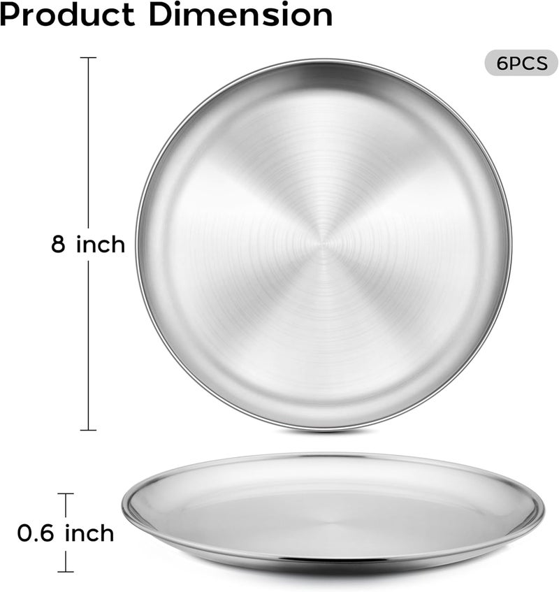 Onader 6Piece 188 Stainless Steel Plates 8 Inch 304 Metal Dinner Dishes for Kids Toddlers Round Serving Plate Dishwasher Safe - Image 3