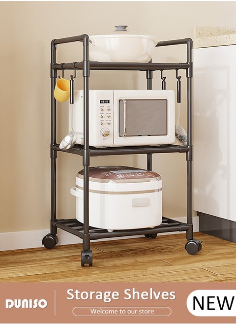 3 Tier Storage Shelves, Stable Kitchen Shelf Organizer, Storage Rack with Wheels and Armrests, Removable Free Standing Rack with Hooks, Multipurpose Rack, Shelving Unit for Warehouse Basement Kitchen Living Room pantry