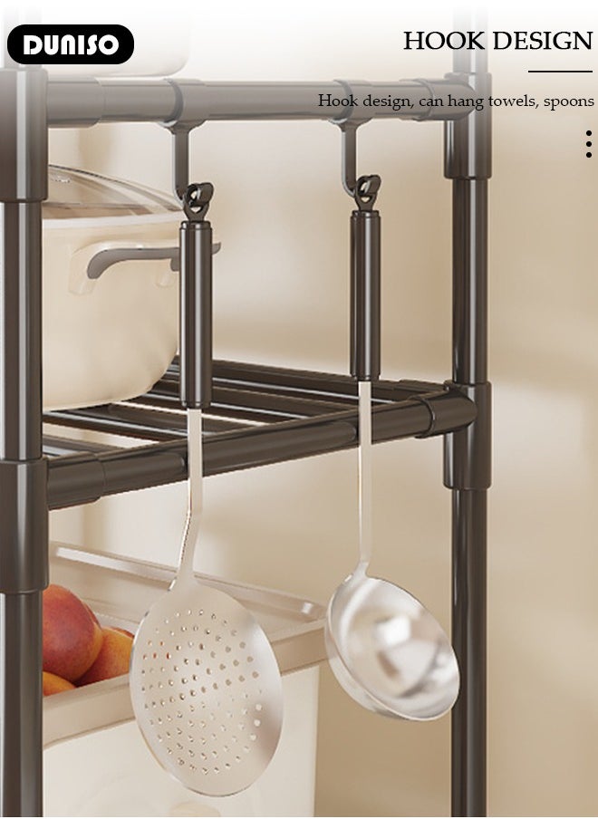 3 Tier Storage Shelves, Stable Kitchen Shelf Organizer, Storage Rack with Wheels and Armrests, Removable Free Standing Rack with Hooks, Multipurpose Rack, Shelving Unit for Warehouse Basement Kitchen Living Room pantry