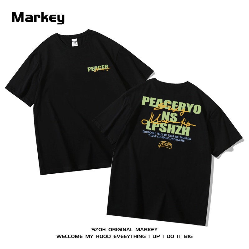 Ins national fashion brand original letter print heavyweight 270g pure cotton short-sleeved men's t-shirt loose hip-hop small collar top - Image 3