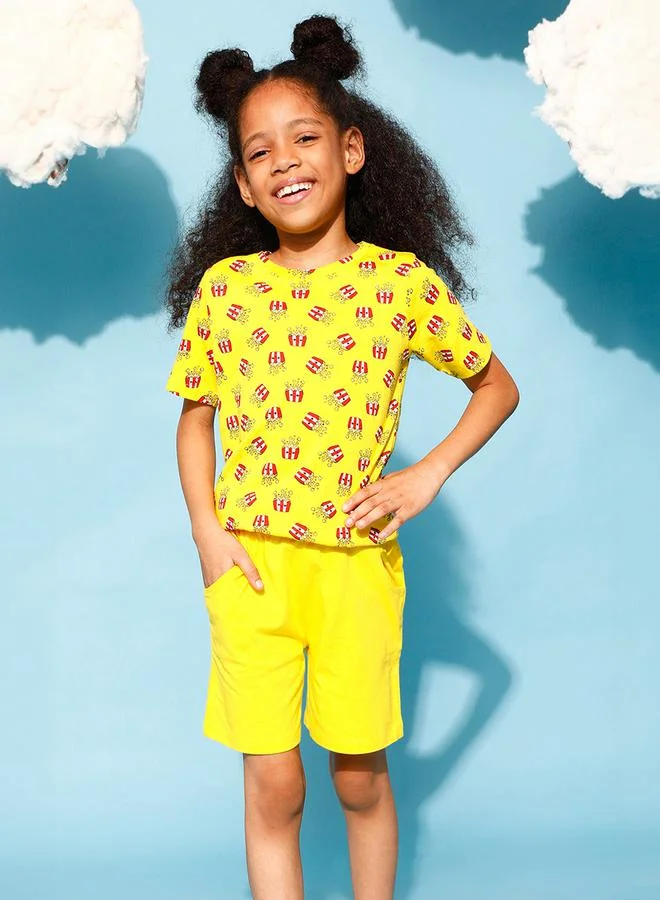 Clovia Cubs Popcorn Graphic Print T-Shirt & Shorts Set by Styli