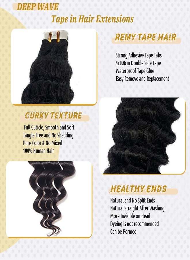 Smavida Tape in Hair Extensions Human for Black Women, 16Inch Deep Wave 9A Brazilian Virgin Curly Double Sided Natural - Image 3