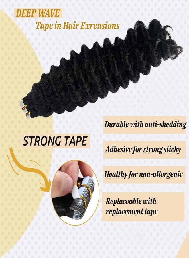 Smavida Tape in Hair Extensions Human for Black Women, 16Inch Deep Wave 9A Brazilian Virgin Curly Double Sided Natural - Image 2