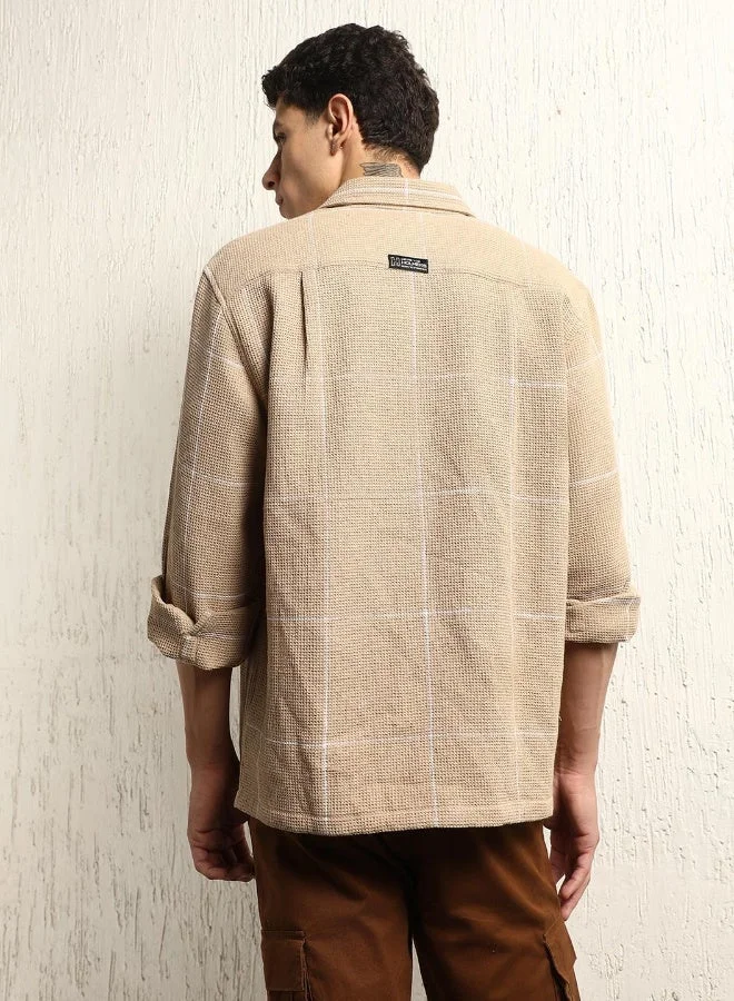 Hubberholme Beige Men's Beige Cotton Blend Checkered Button Down Oversized Shirt for Men | Best Price UAE