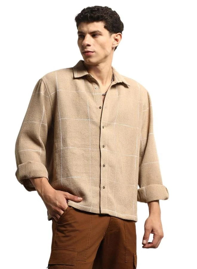 Hubberholme Beige Men's Beige Cotton Blend Checkered Button Down Oversized Shirt for Men | Best Price UAE