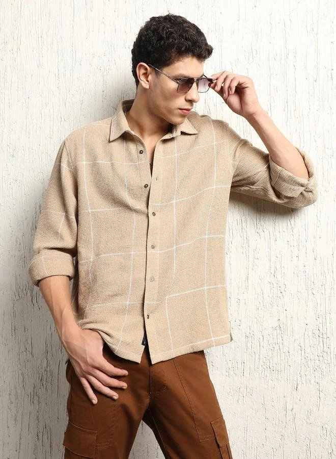 Hubberholme Men's Beige Cotton Blend Checkered Button Down Oversized Shirt