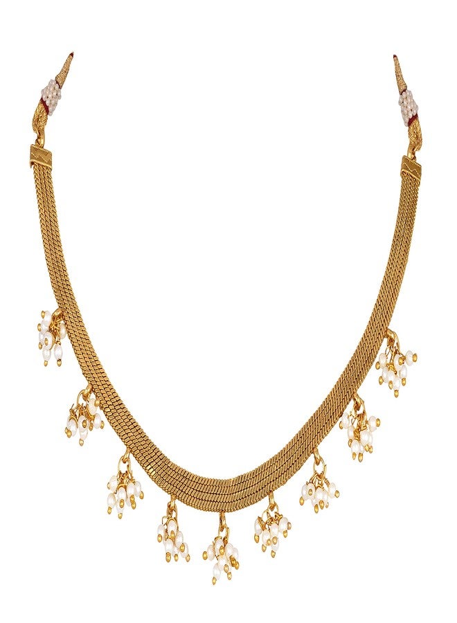 JFL - Jewellery for Less Gold Plated Traditional Small Beaded Choker Necklace With Adjustable Thread For Women and Girls. (Off White),Valentine - Image 1