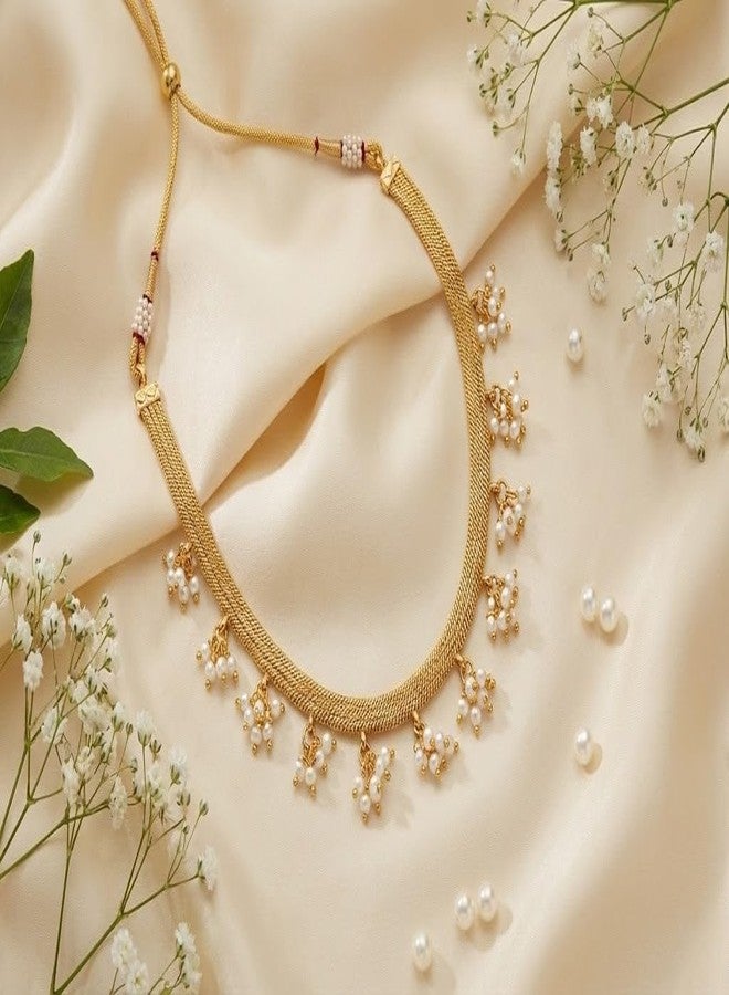 JFL - Jewellery for Less Gold Plated Traditional Small Beaded Choker Necklace With Adjustable Thread For Women and Girls. (Off White),Valentine - Image 2