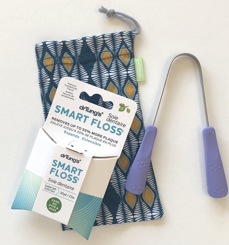 drTung's DrTungs Stainless Steel Tongue Cleaner Smart Floss Bundle Tongue Cleaner for Adults Kids Helps Freshens Breath Natural Floss Gentle on Gums Comes with Travel Case Cardamom Flavor 1 Pack 