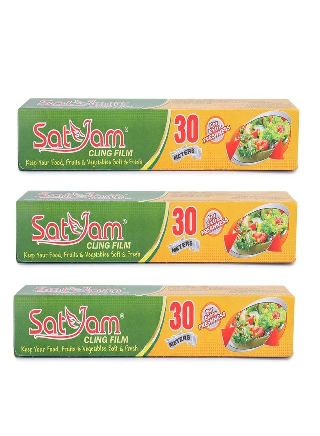 SATYAM غلاف بلاستيكي من ساتيام، 30 متر × 30 سم، ورق تغليف متعدد الأغراض للطعام، غلاف غذائي، لفة تغليف طعام قابلة للتحلل الحيوي، تخزين وتغليف الطعام للحفاظ على نضارته (عبوة من 3 قطع) - Image 1