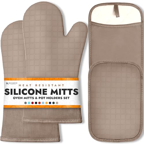 HOMWE Silicone Oven Mitts and Pot Holders, 4-Piece Set, Heavy Duty Cooking Gloves, Kitchen Counter Safe Trivet Mats, Advanced Heat Resistance (Beige, Oven Mitt & Pot Holder) - Image 5