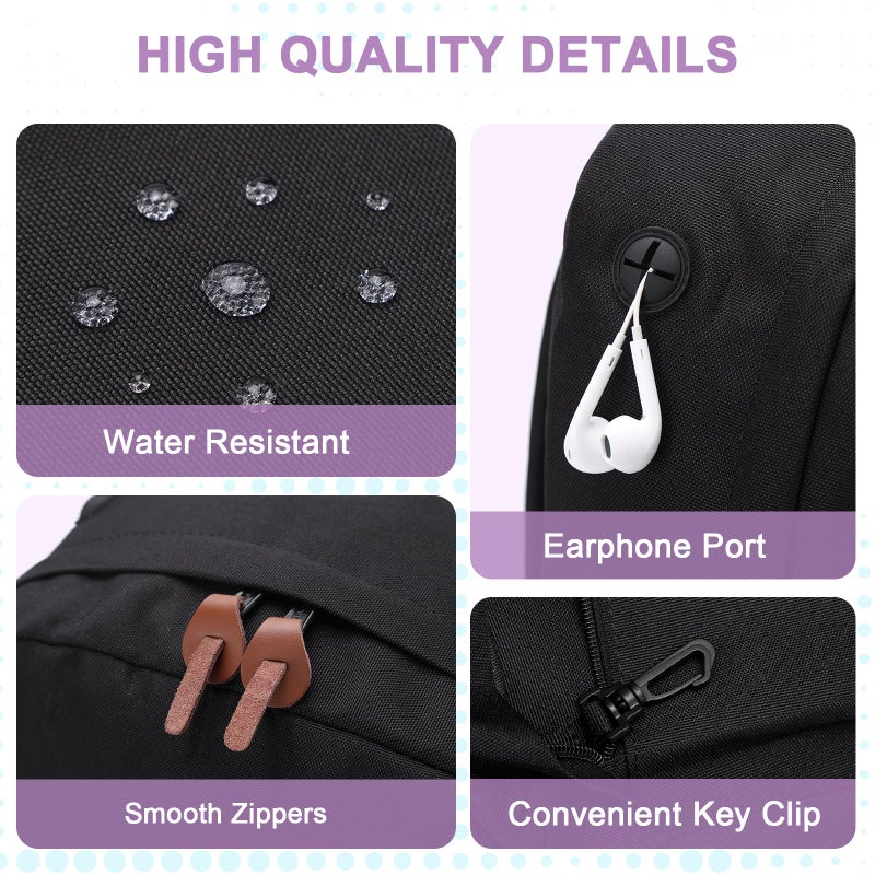 VASCHY Backpack for Teen Girls, Unisex Classic Water Resistant School Backpack Fits 15Inch Laptop (Black Purple) - Image 4