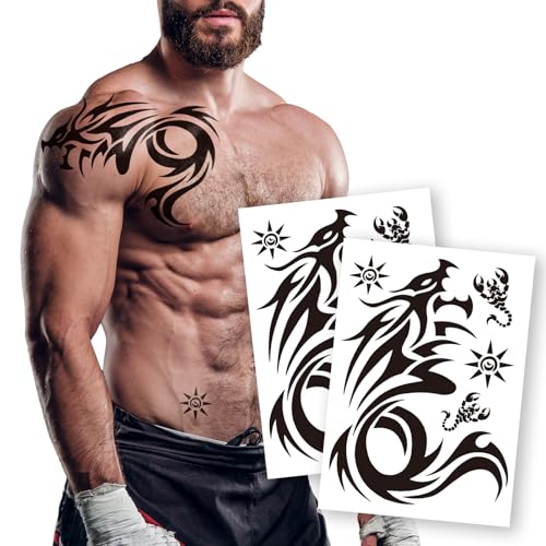 Kotbs 2 Sheets Dragon Temporary Tattoos - Large Sheets for Men - Realistic Shoulder Tribal Designs - Waterproof & Long-Lasting Body Art - Image 1