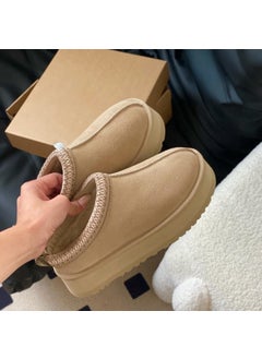 Womens Thick Bottom Knitted Slippers Cowhide Wool Warm Foam Short Boots Anti-slip Height Increasing Mustard