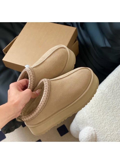 Ethnic style snow boots Womens thick bottom woven slippers cowhide wool warm foam bottom short tube non-slip increased plus size Mustard
