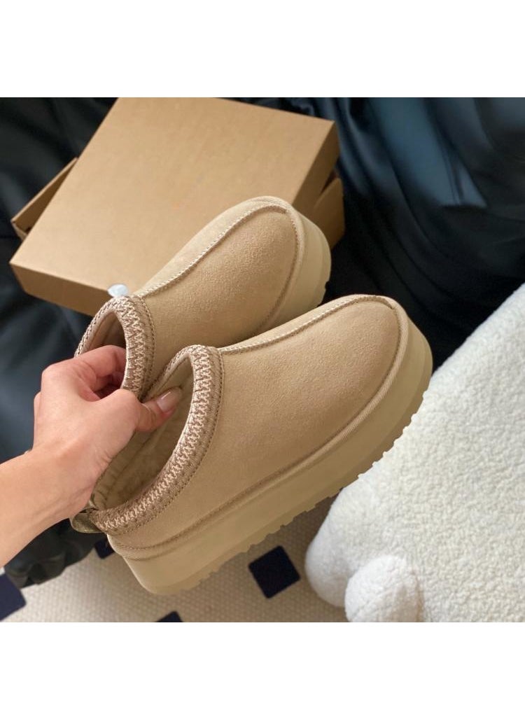 Generic - Womens Thick Bottom Knitted Slippers Cowhide Wool Warm Foam Short Boots Anti-slip Height Increasing Mustard - Image 1