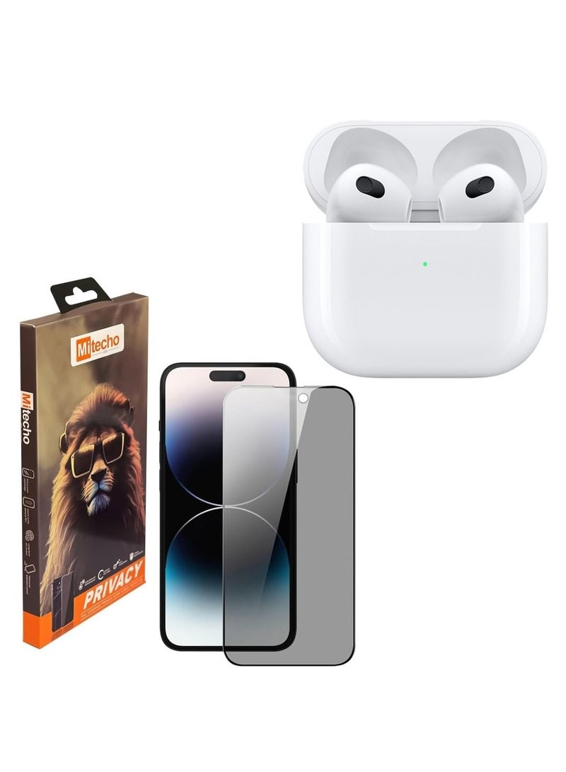 Mi Techo Apple iPhone 15 Pro Max full coverage privacy tempered glass screen protector and high bass wireless bluetooth earphone combo - Image 1