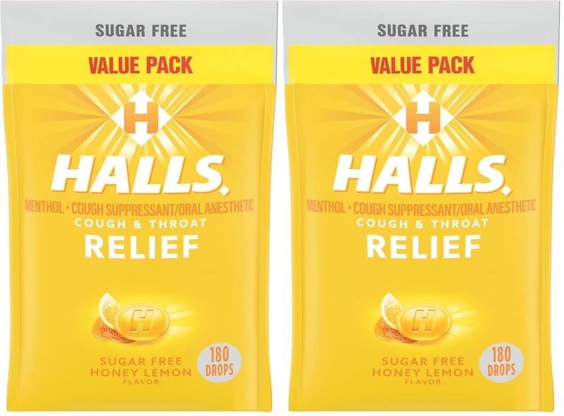Halls حلوى السعال بدون سكر بنكهة العسل والليمون - عبوة قيمة 180 حبة - عبوتين - Image 1