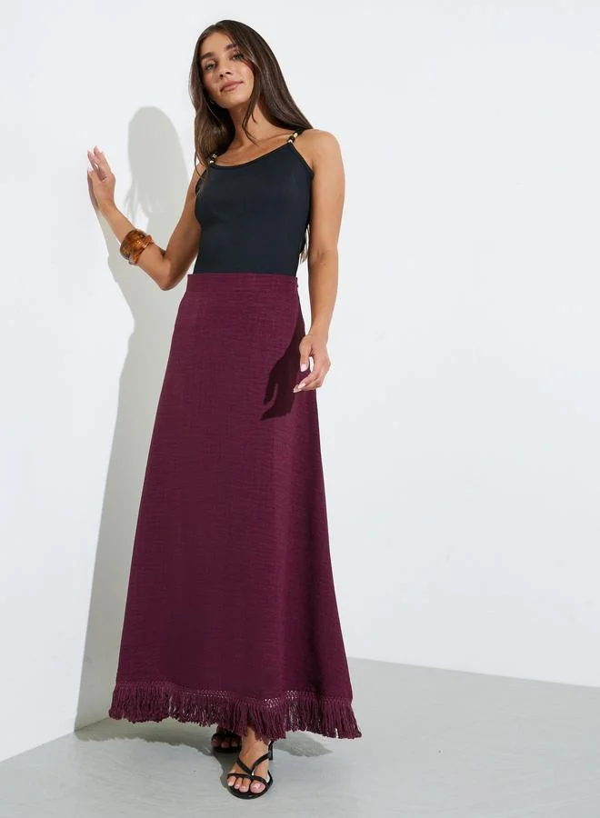 ستايلي Women Burgundy A-Line Maxi Skirt with Fringe Hem