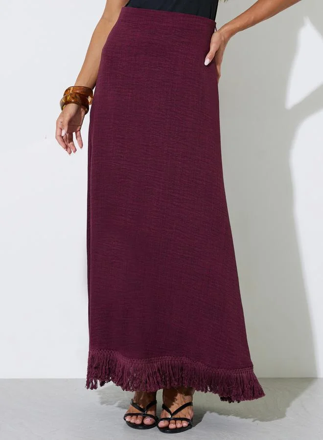 ستايلي Women Burgundy A-Line Maxi Skirt with Fringe Hem