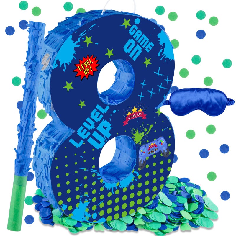 Lcoor Video Game 8th Birthday Decorations 157 Video Game Number 8 Piata with Blindfold Stick and Confetti for Level Up Sandbox Level 8 Birthday Party Supplies 8th - Image 3