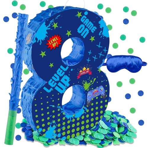 Lcoor Video Game 8th Birthday Decorations 157 Video Game Number 8 Piata with Blindfold Stick and Confetti for Level Up Sandbox Level 8 Birthday Party Supplies 8th - Image 1