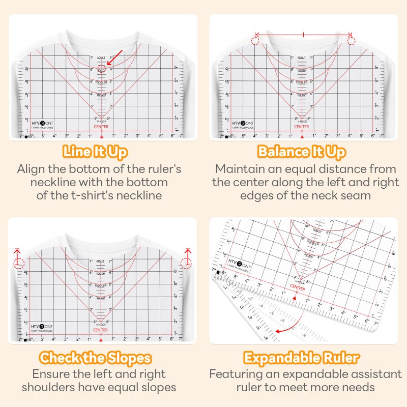 HTVRONT Tshirt Ruler Guide for Vinyl Alignment - Transparent PVC Tshirt Measurement Tool for Heat Press in HTV Vinyl, All-in-ONE T Shirt Ruler to Center Design and Craft Sewing - Image 2