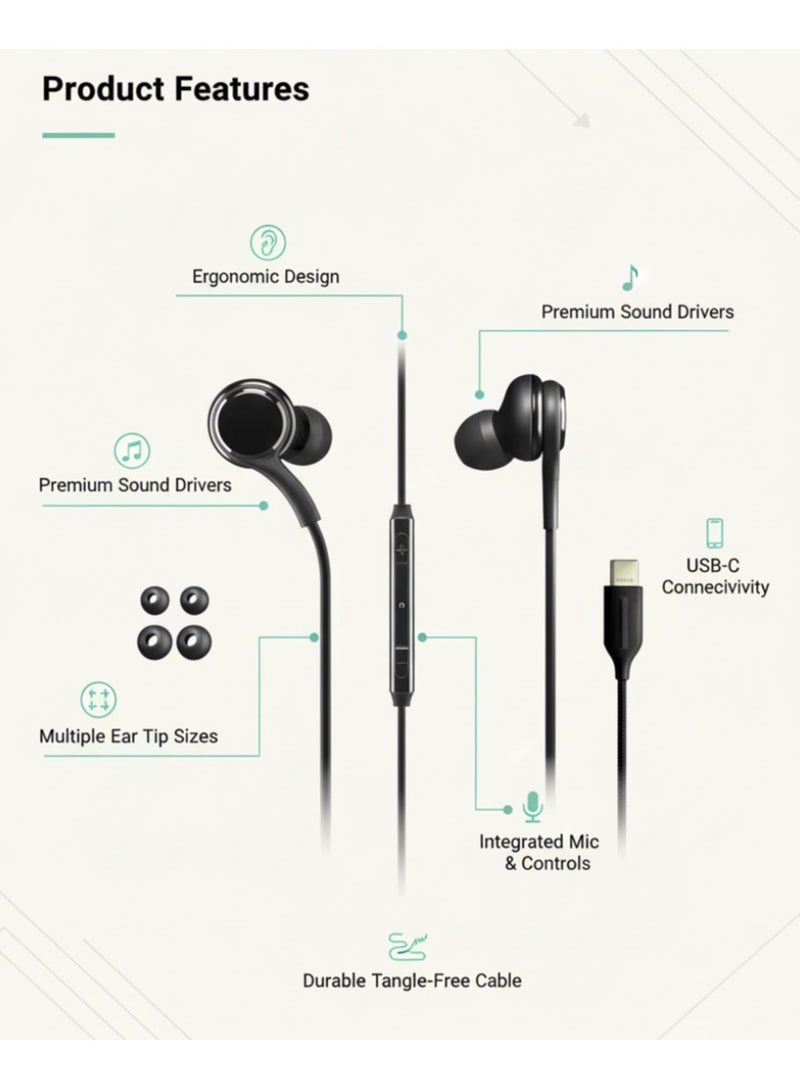 USB-C Wired Earbuds with Microphone & Volume Control – Hi-Fi Stereo Type-C In-Ear Headphones with Deep Bass, Noise Isolation & Tangle-Free Cable – Compatible with Samsung, iPhone, iPad & Android Devices - Image 2