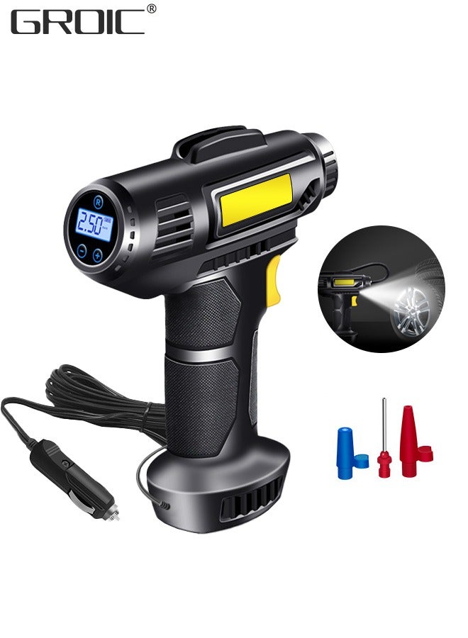 GROIC Portable Tire Inflator Air Compressor,12V DC Car Air Pump with Digital Display, LED Light, Auto Shut Off Function, Set of Nozzle Adaptors for Car, Motorcycle, Bicycle, Ball - Image 1