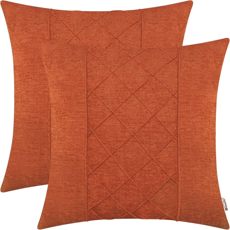 BRAWARM Throw Pillow Covers 22x22 Inches - Burnt Orange Pleated Chenille Pillow Covers, Pack of 2 Solid Dyed Soft Chenille Pillow Cases for Couch Sofa Bed Home Decoration - Image 1