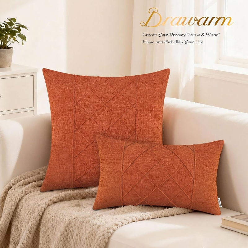 BRAWARM Throw Pillow Covers 22x22 Inches - Burnt Orange Pleated Chenille Pillow Covers, Pack of 2 Solid Dyed Soft Chenille Pillow Cases for Couch Sofa Bed Home Decoration - Image 3