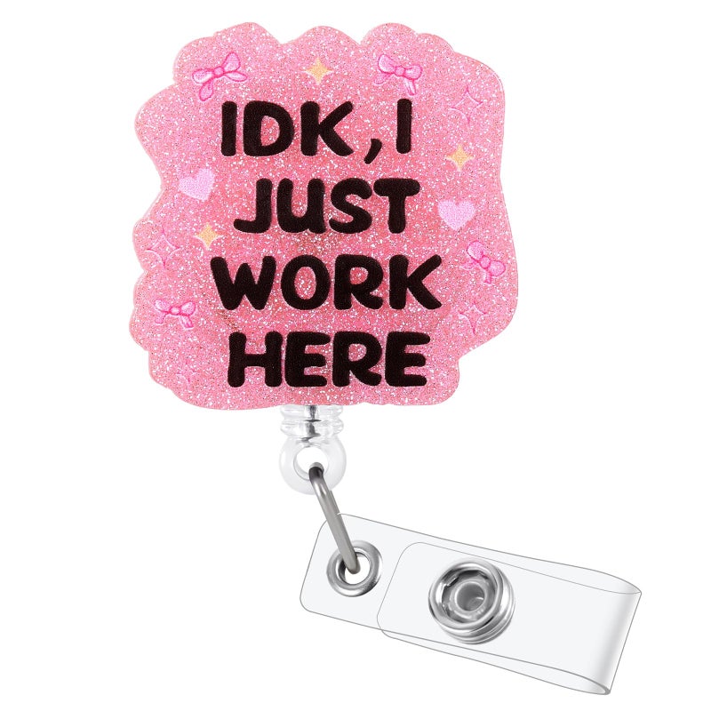 BVIIE Idk I Just Work Here Funny Badge Reel  Pink Badge Holder With Retractable Clip  Office Work Badge Clip For Rn Cna Lpn Lvn Hospital Medical Worker Doctor Teacher Nursing Student - Image 1