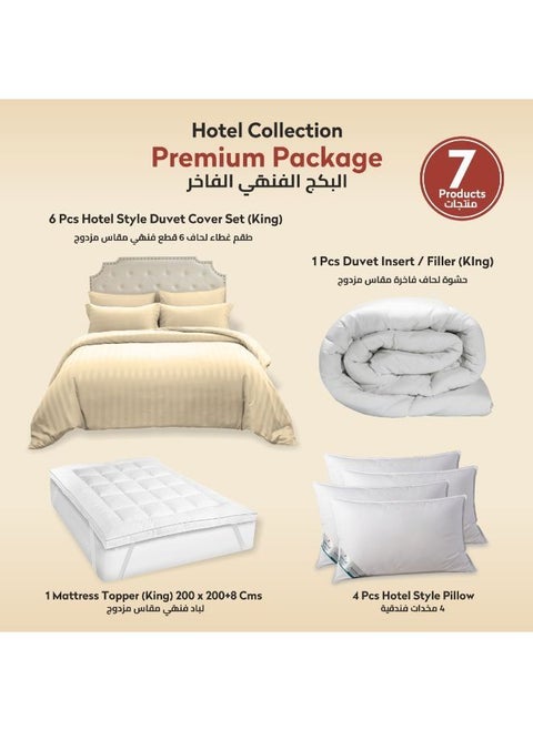 Hotel Style Premium Package 7 Pcs Duvet Set Beige + Duvet Insert +Mattress Topper+4 Pillows King