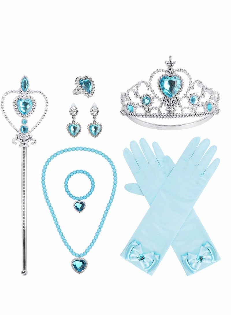 Y&D Princess Dress Up Party Accessories for Costume Gloves Tiara Wand Necklace Earrings Bracelet and Ring Gift (Blue, Set of 7, 9pcs)  - Image 1