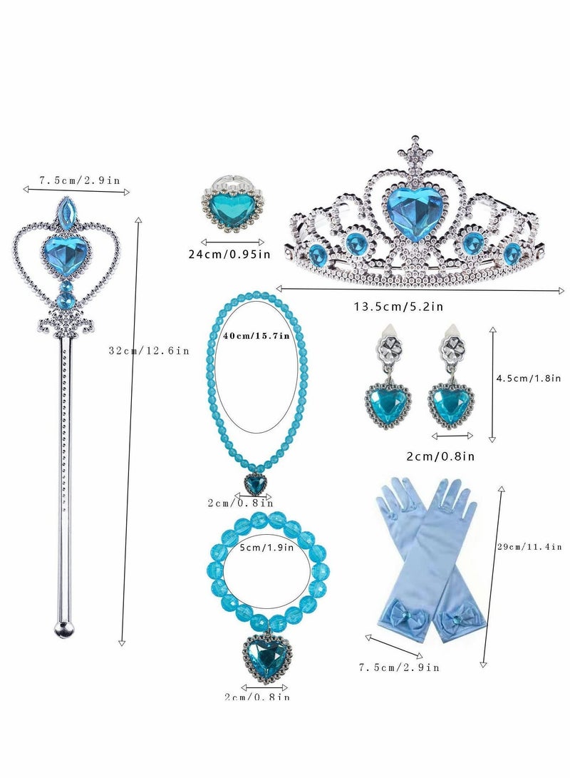 Y&D Princess Dress Up Party Accessories for Costume Gloves Tiara Wand Necklace Earrings Bracelet and Ring Gift (Blue, Set of 7, 9pcs)  - Image 3