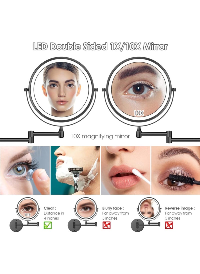 Sharpdo Wall Mounted Lighted Magnifying Mirror, 1X/10X Magnification Double-Sided LED Bathroom Mirror, 3 Color Lights & Stepless Dimming with Touch Sensor, Extendable Arm 360° Swivel  - Image 5